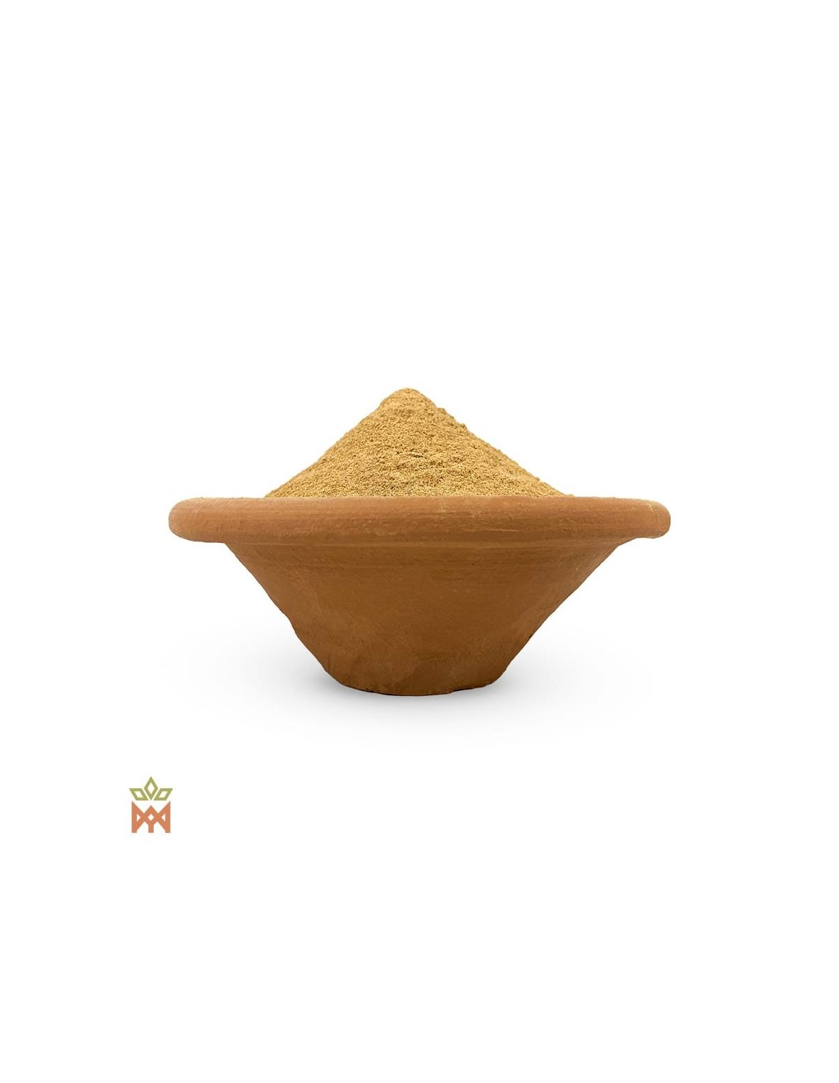 Poudre de racine d’iboga (Tabernanthe iboga) – poudre beige clair dans une coupe en terre cuite