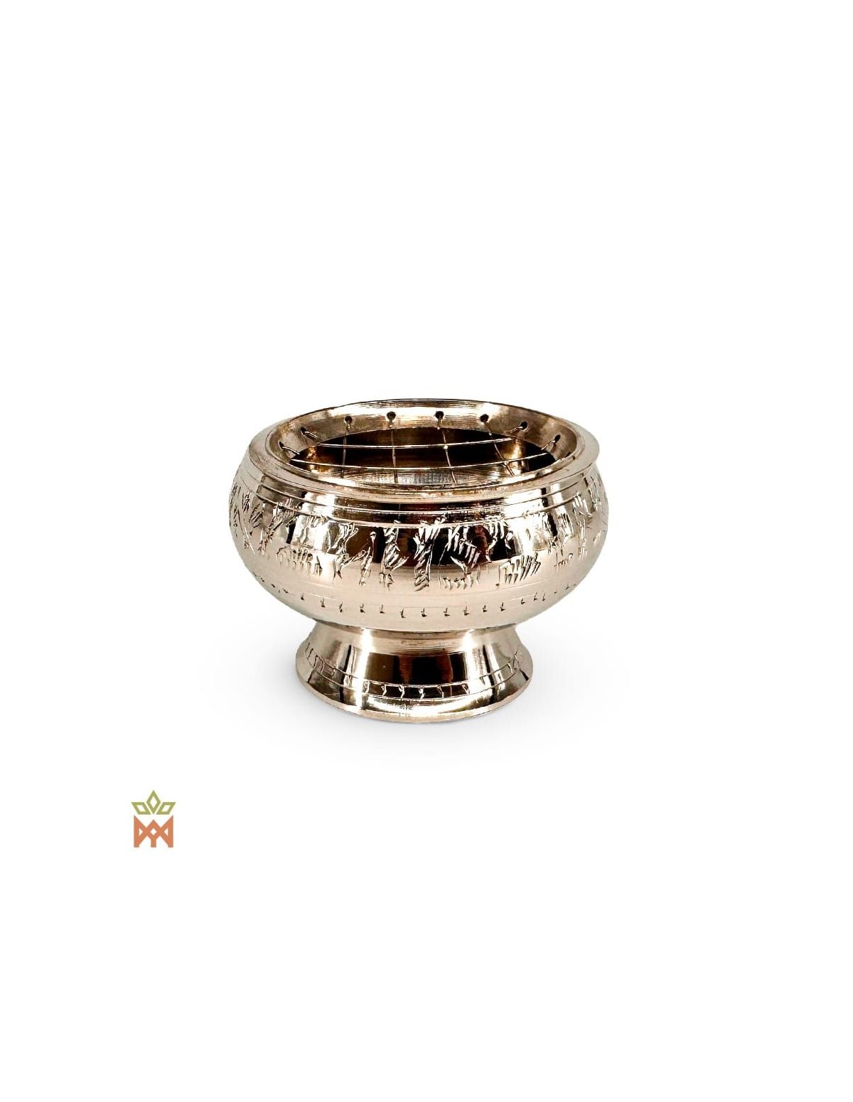 Brûle-encens moyen en métal – coupe argentée sur pied, frise gravée et grille