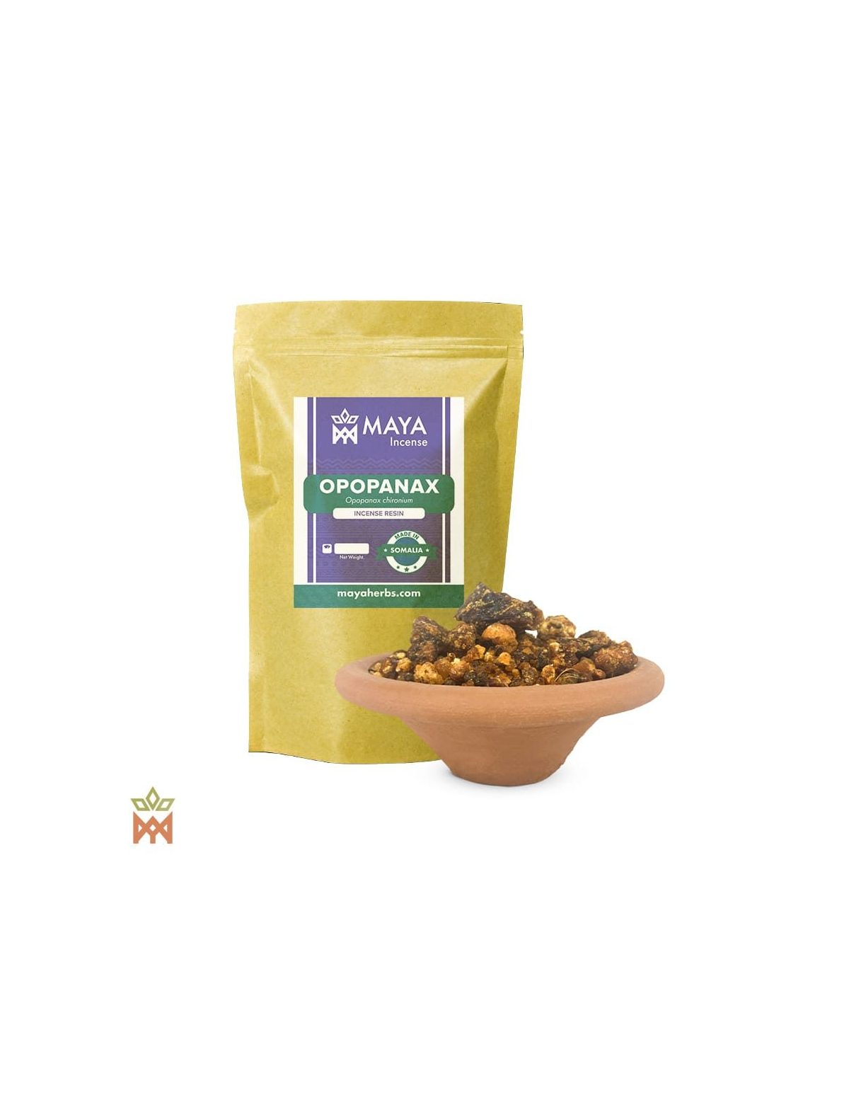 Opopanax de Somalie – Résine d’encens, Opopanax chironium – sachet étiqueté et bol de morceaux de résine