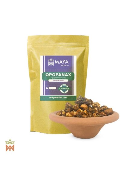 Opopanax de Somalie – Résine d’encens, Opopanax chironium – sachet étiqueté et bol de morceaux de résine