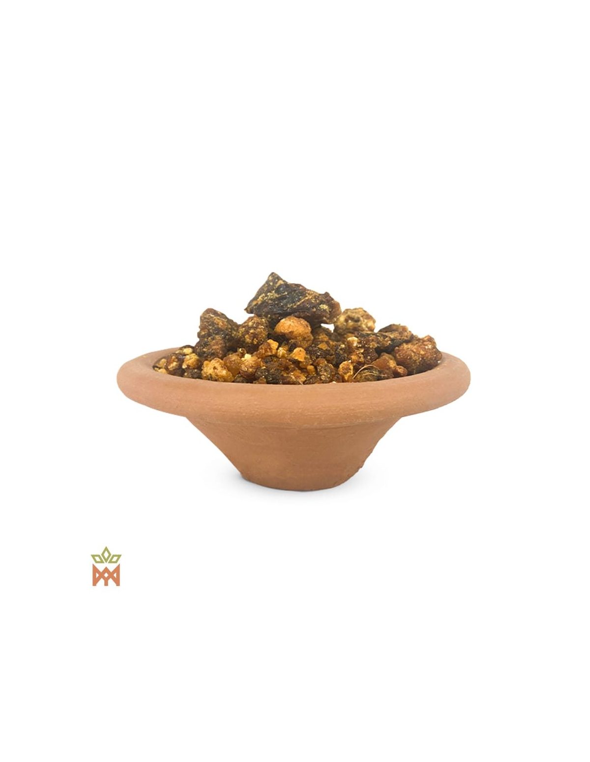 Opopanax de Somalie – Résine d’encens, Opopanax chironium – morceaux brun foncé et ambrés dans un bol en terre cuite, détail