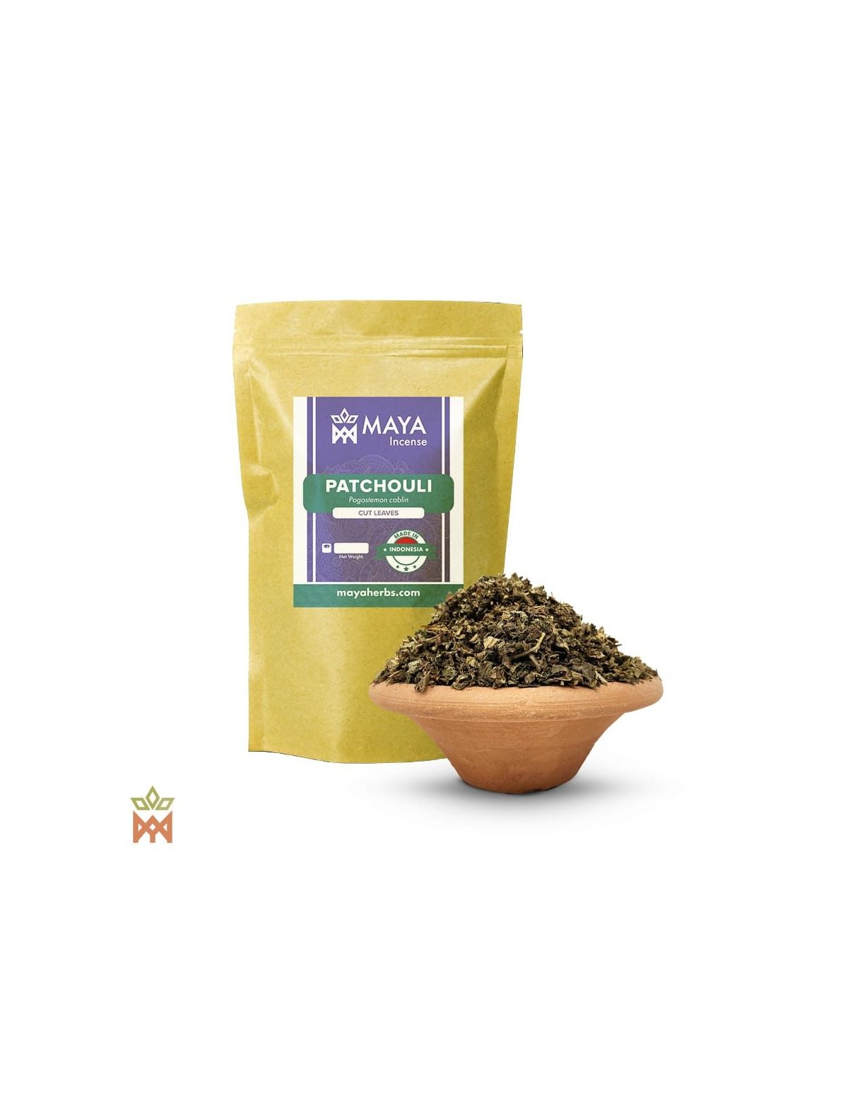 Feuilles de patchouli (Pogostemon cablin) – sachet Maya Incense et coupe de feuilles coupées