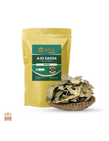 Ajo sacha du Pérou (Mansoa alliacea) – sachet Maya Herbs et feuilles entières gris-vert dans une corbeille tressée