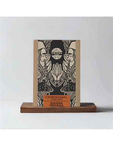 Cacao cérémoniel arhuaca de Colombie – face de la boîte avec le logo Origen Cacao