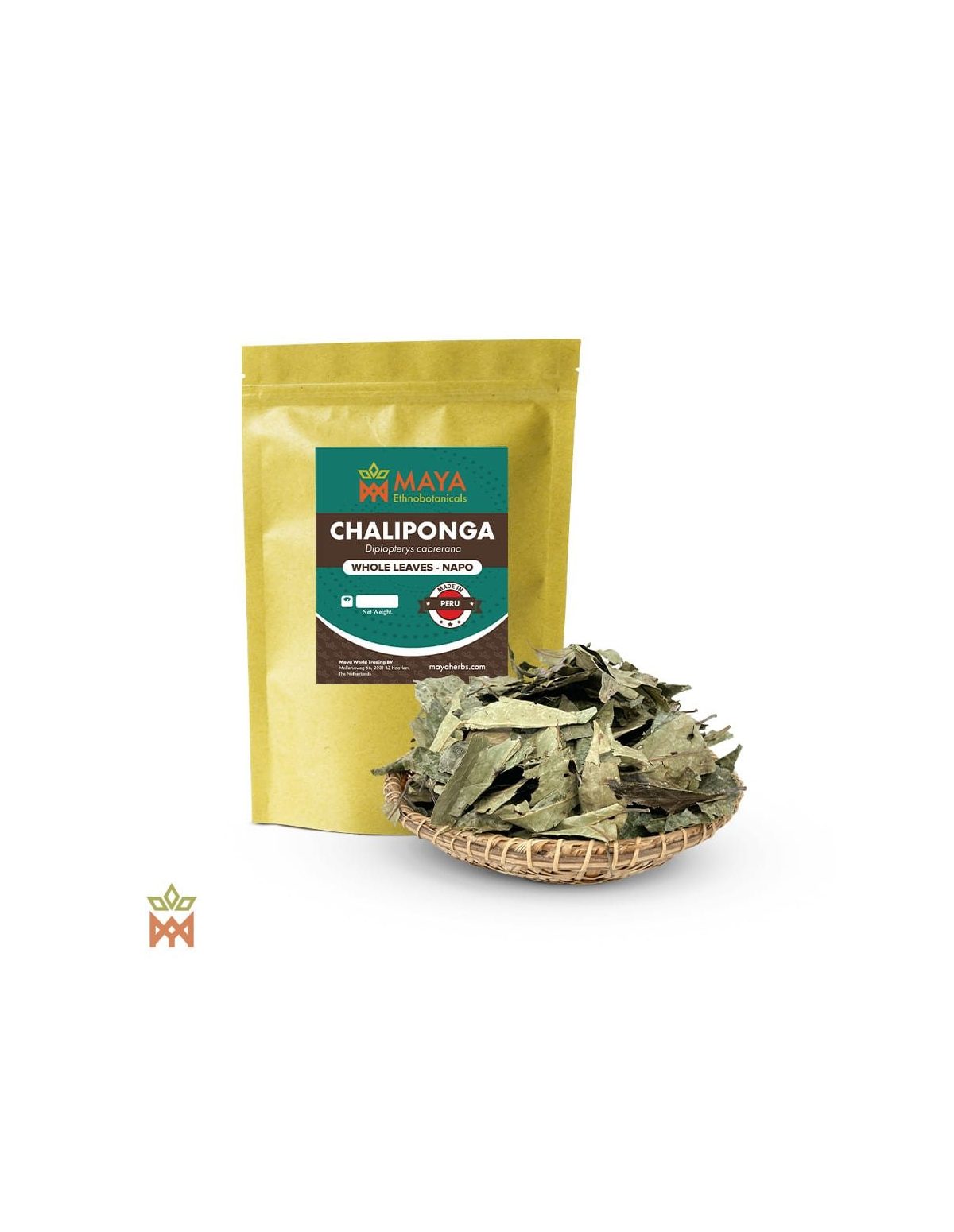 Chaliponga de Napo, Pérou – Feuilles entières, Diplopterys cabrerana – sachet étiqueté et panier de feuilles