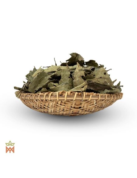 Chaliponga de Napo, Pérou – Feuilles entières, Diplopterys cabrerana – feuilles entières dans un panier tressé