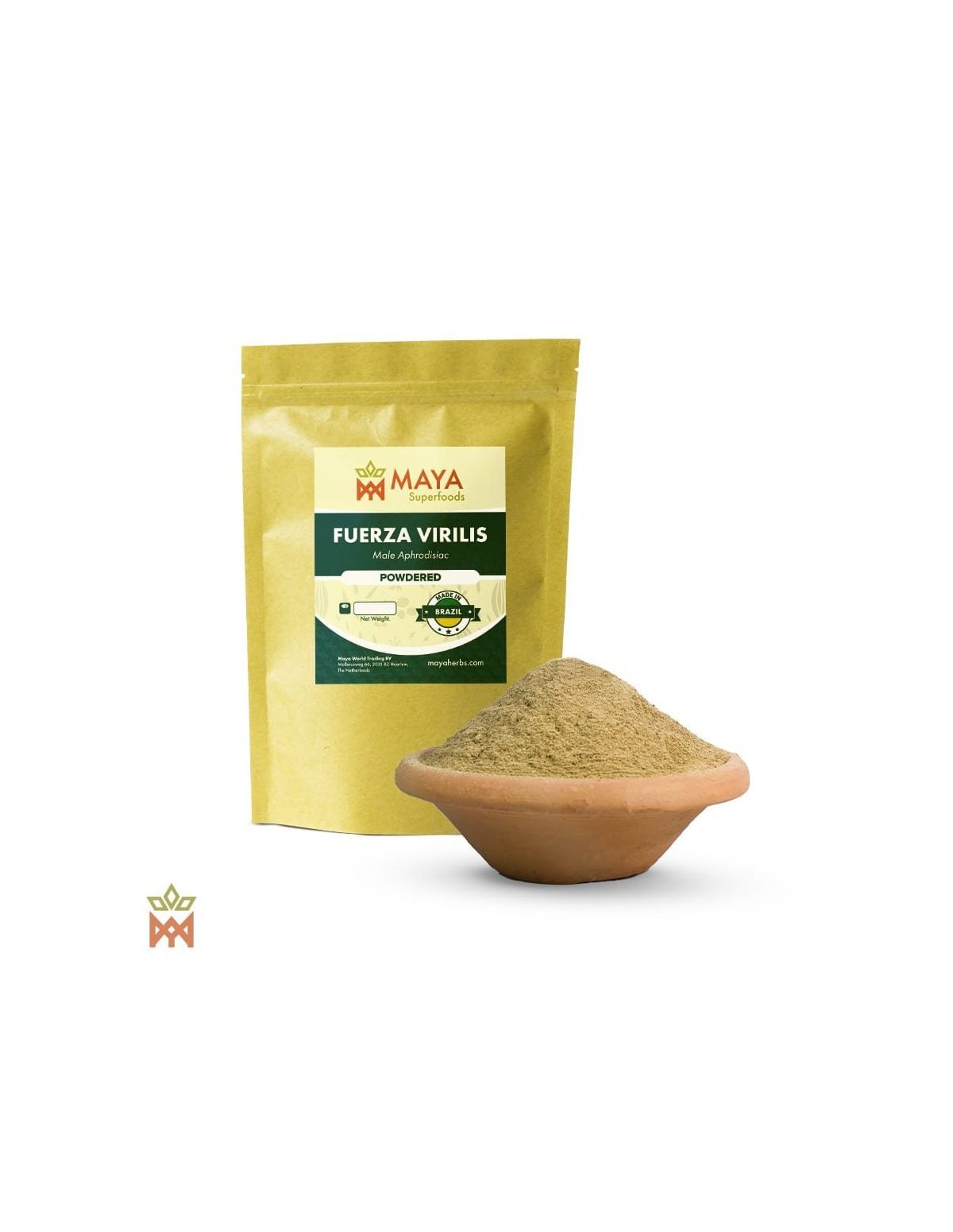 Fuerza Virilis – sachet Maya Superfoods et mélange en poudre dans un bol en terre cuite