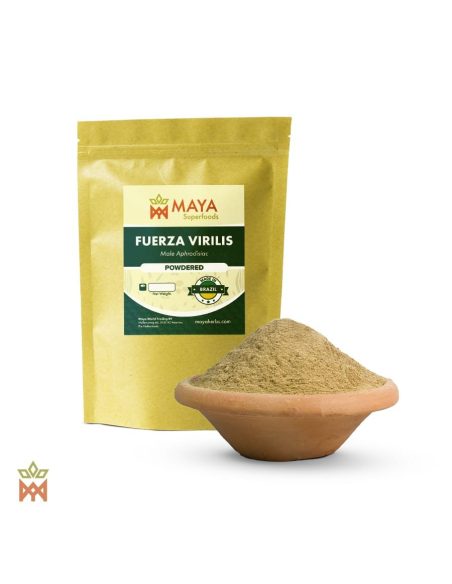 Fuerza Virilis – sachet Maya Superfoods et mélange en poudre dans un bol en terre cuite