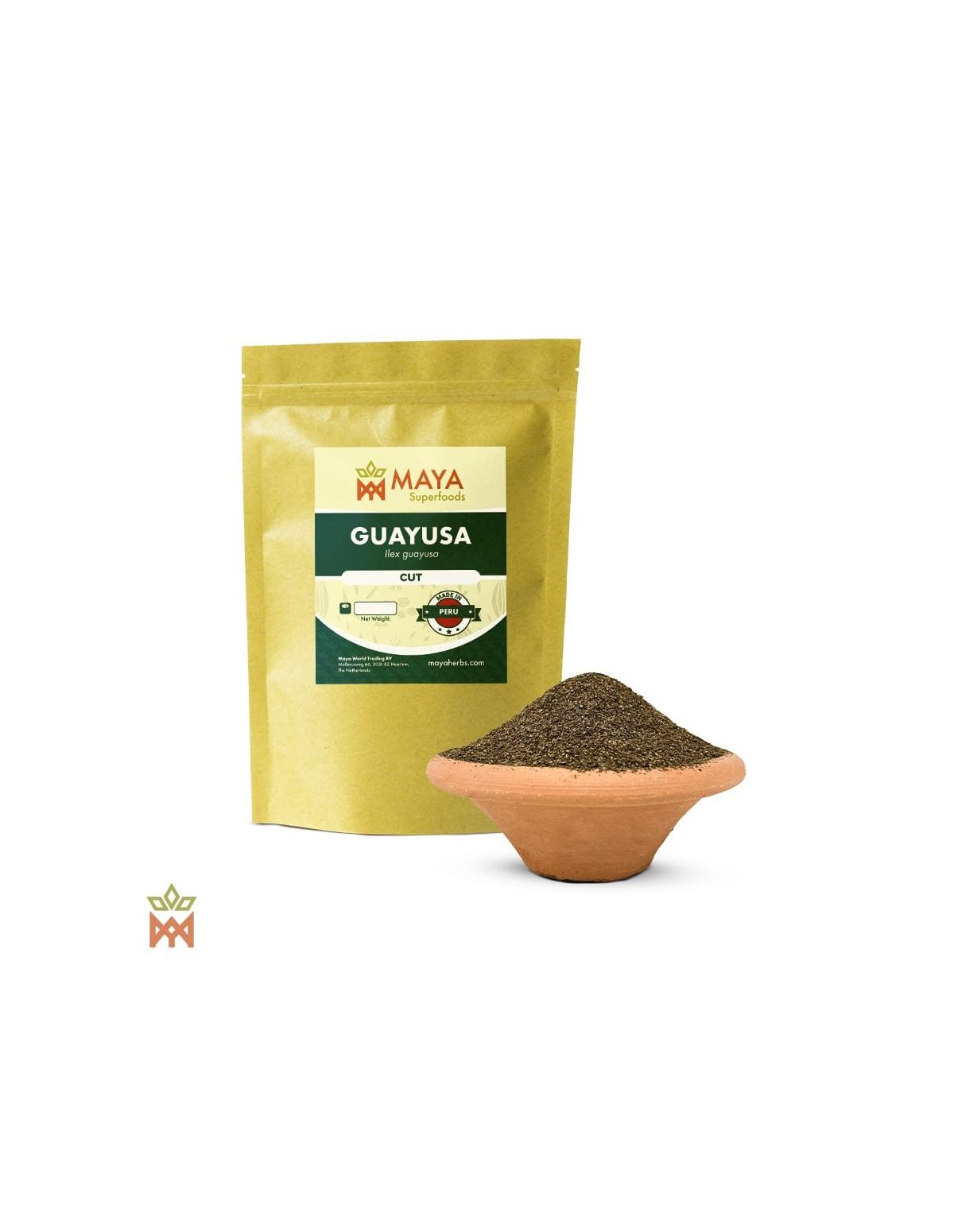 Guayusa du Pérou (Ilex guayusa) – sachet Maya Herbs « Cut » à côté d’un bol de feuilles coupées