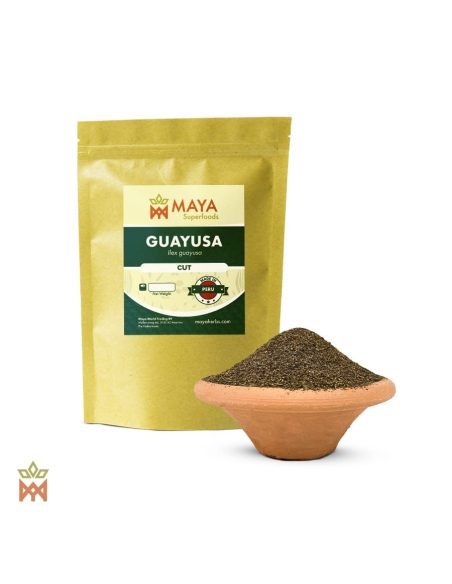Guayusa du Pérou (Ilex guayusa) – sachet Maya Herbs « Cut » à côté d’un bol de feuilles coupées