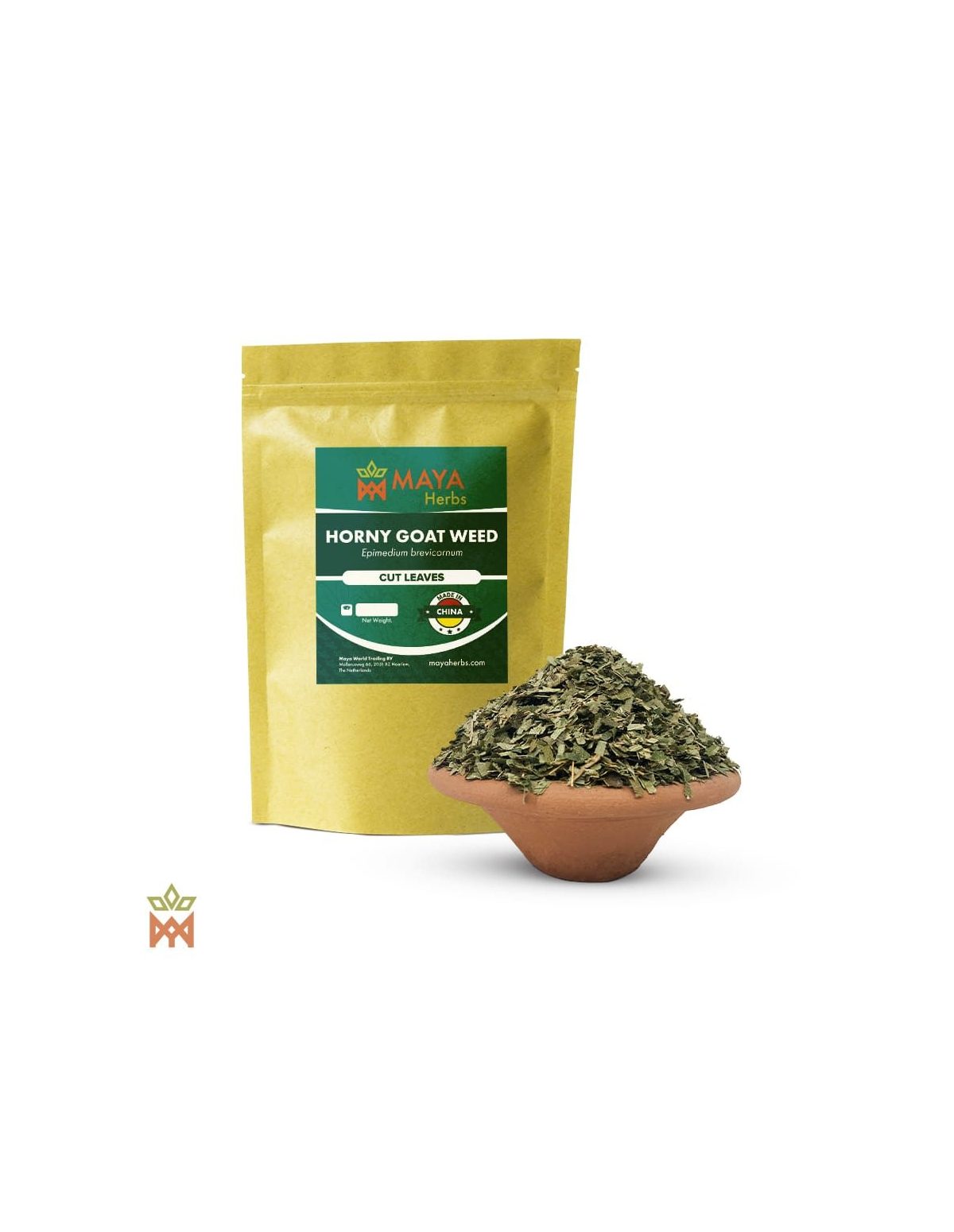 Feuilles coupées d’Epimedium brevicornu – sachet Maya Herbs et coupe de fragments de feuilles verts