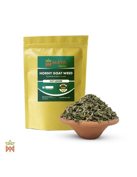 Feuilles coupées d’Epimedium brevicornu – sachet Maya Herbs et coupe de fragments de feuilles verts