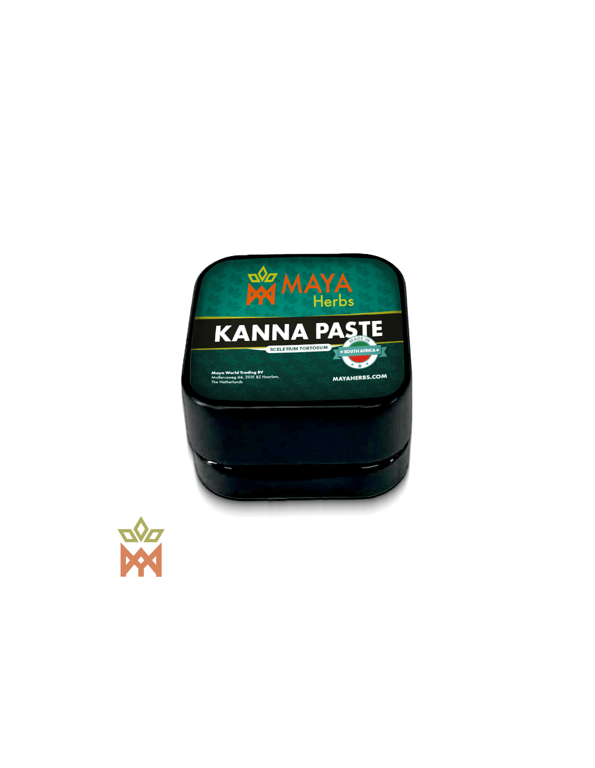 Pâte de kanna fermentée 0,5 g, Sceletium tortuosum – pot noir à étiquette Maya Herbs bleu canard