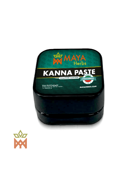 Pâte de kanna fermentée 0,5 g, Sceletium tortuosum – pot noir à étiquette Maya Herbs bleu canard