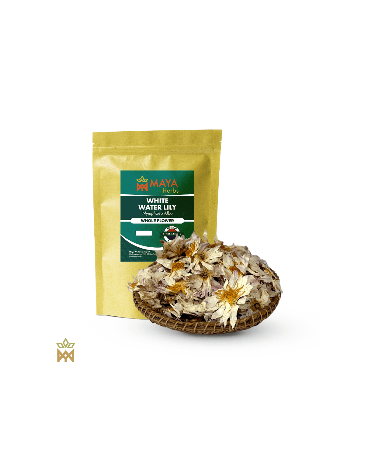 Nénuphar blanc (Nymphaea alba) – sachet Maya Herbs et fleurs entières séchées crème sur un plateau tressé