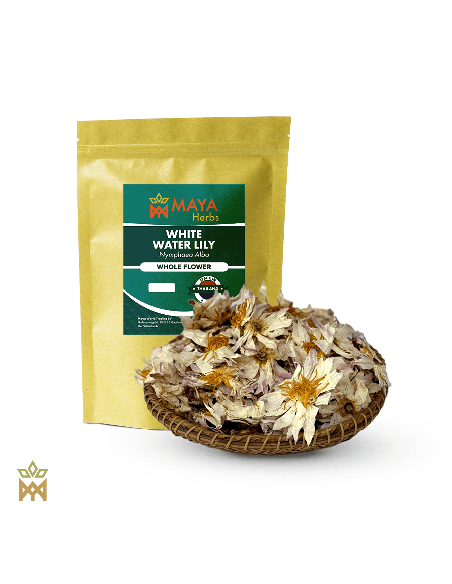 Nénuphar blanc (Nymphaea alba) – sachet Maya Herbs et fleurs entières séchées crème sur un plateau tressé
