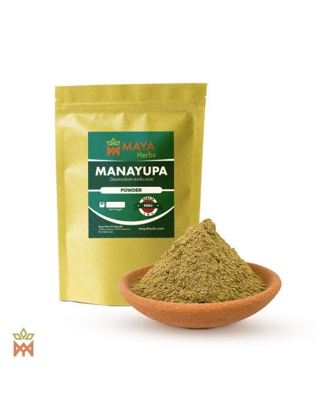 Manayupa en poudre (Desmodium molliculum) – sachet Maya Herbs et coupelle de poudre vert olive