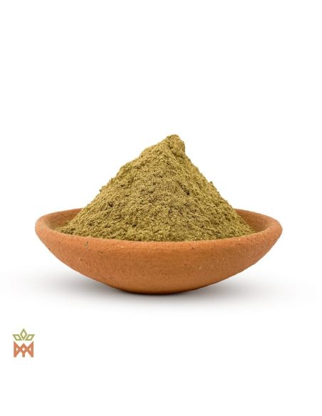 Manayupa en poudre (Desmodium molliculum) – poudre vert olive dans une coupelle en terre cuite