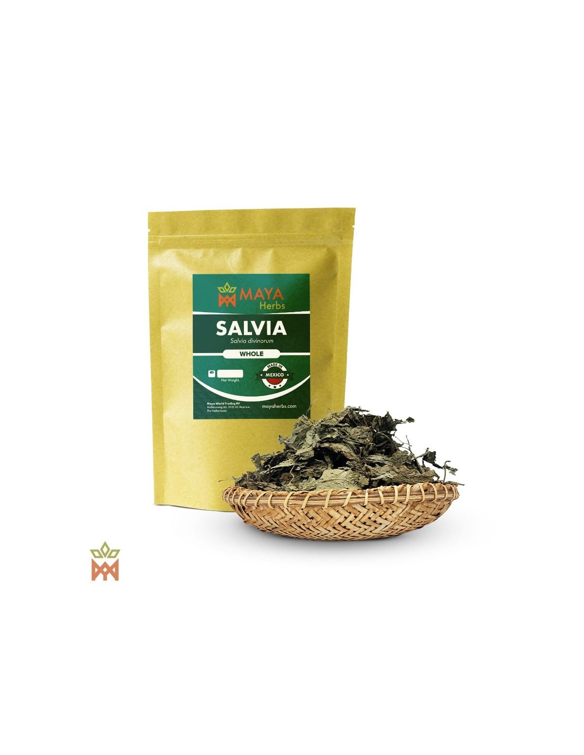 Sauge d’Oaxaca (Salvia divinorum) – sachet Maya Herbs et feuilles entières vert foncé dans une corbeille tressée