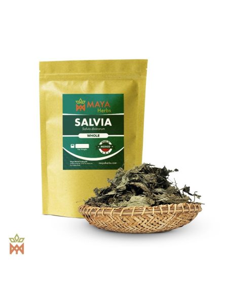 Sauge d’Oaxaca (Salvia divinorum) – sachet Maya Herbs et feuilles entières vert foncé dans une corbeille tressée