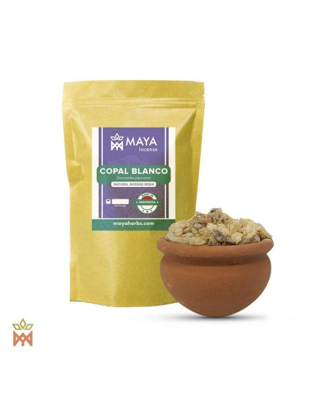 Copal gris d’Indonésie – sachet étiqueté copal blanco et pot en terre cuite de morceaux de résine