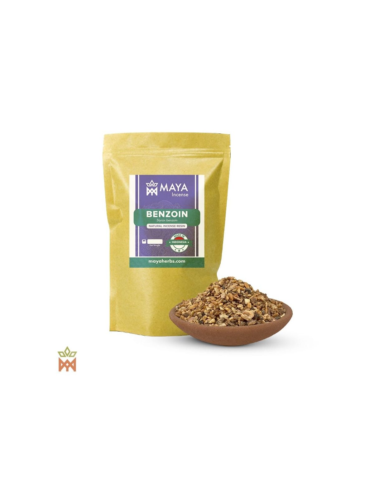 Benjoin de Sumatra – Résine d’encens, Styrax benzoin – sachet étiqueté et bol de morceaux de benjoin