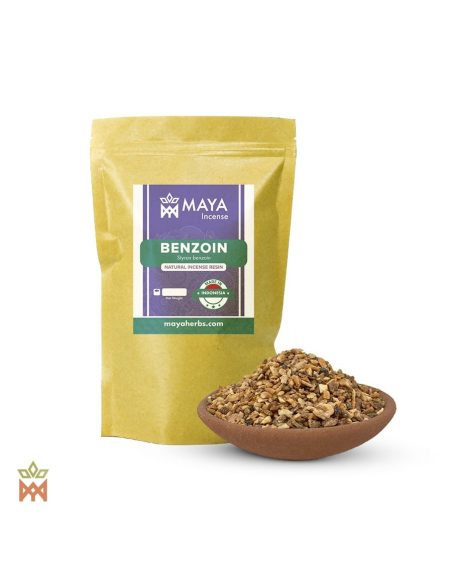 Benjoin de Sumatra – Résine d’encens, Styrax benzoin – sachet étiqueté et bol de morceaux de benjoin