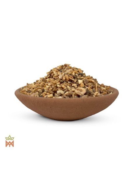 Benjoin de Sumatra – Résine d’encens, Styrax benzoin – petits morceaux de benjoin bruns dans un bol en terre cuite, détail