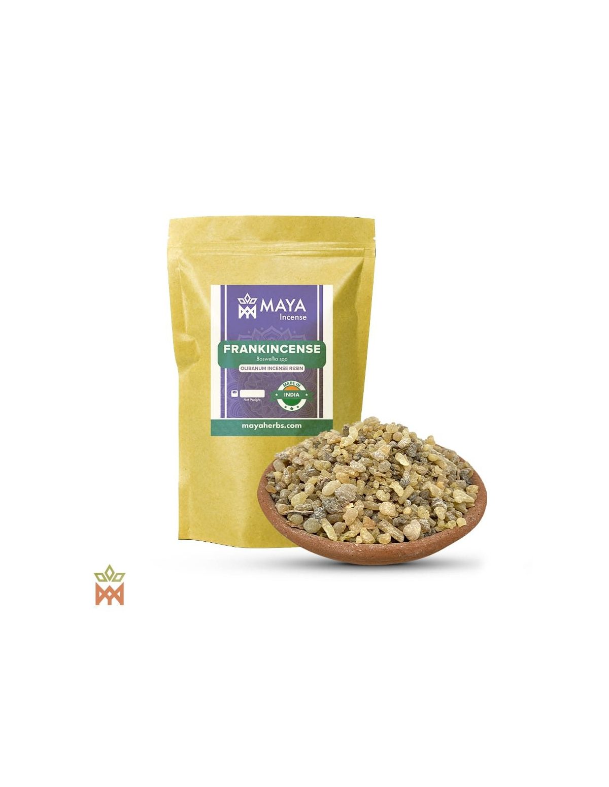 Oliban d’Inde – Résine d’encens, Boswellia sacra – sachet étiqueté et bol de larmes d’oliban