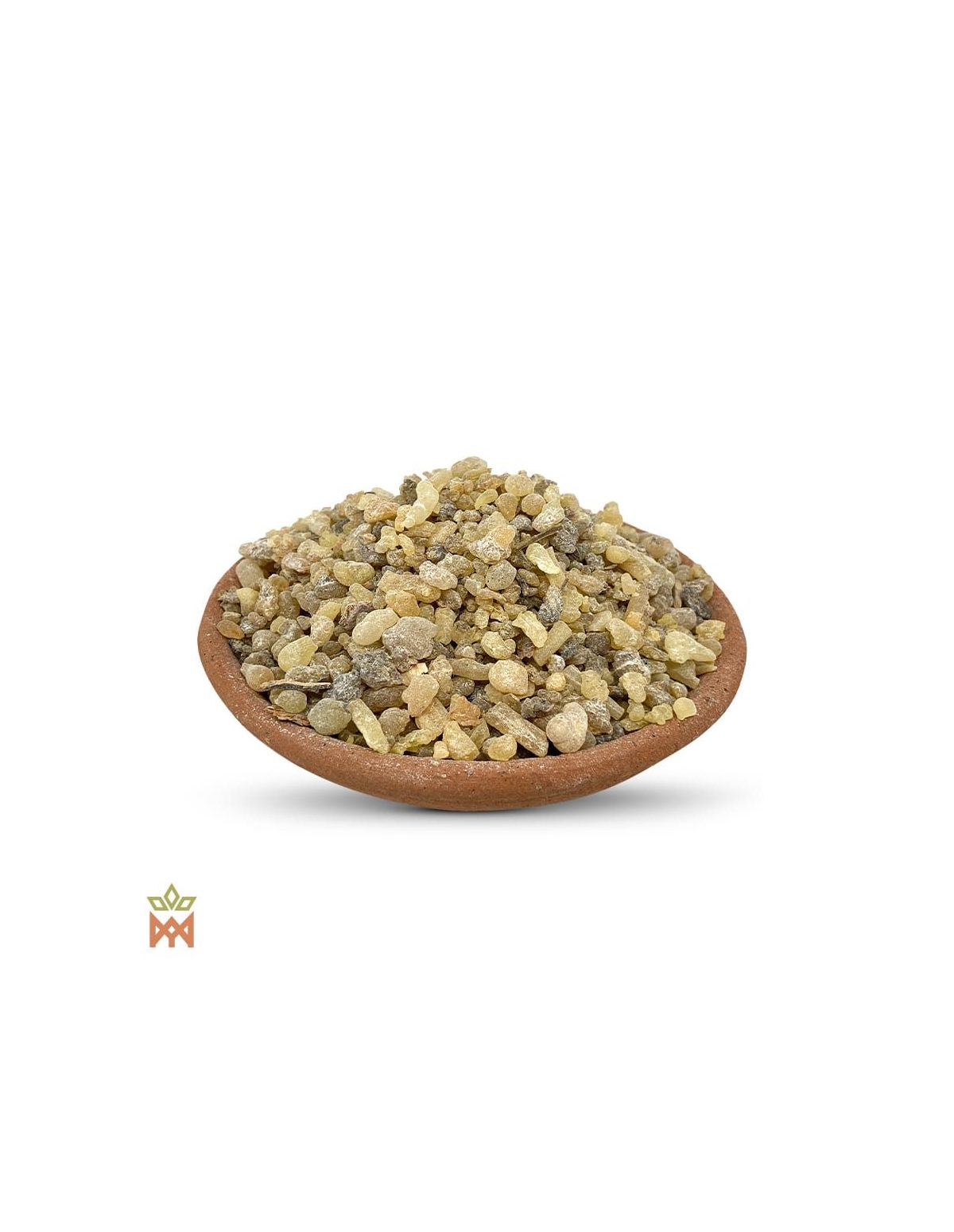 Oliban d’Inde – Résine d’encens, Boswellia sacra – larmes et grains jaunâtres et gris dans un bol en terre cuite, détail