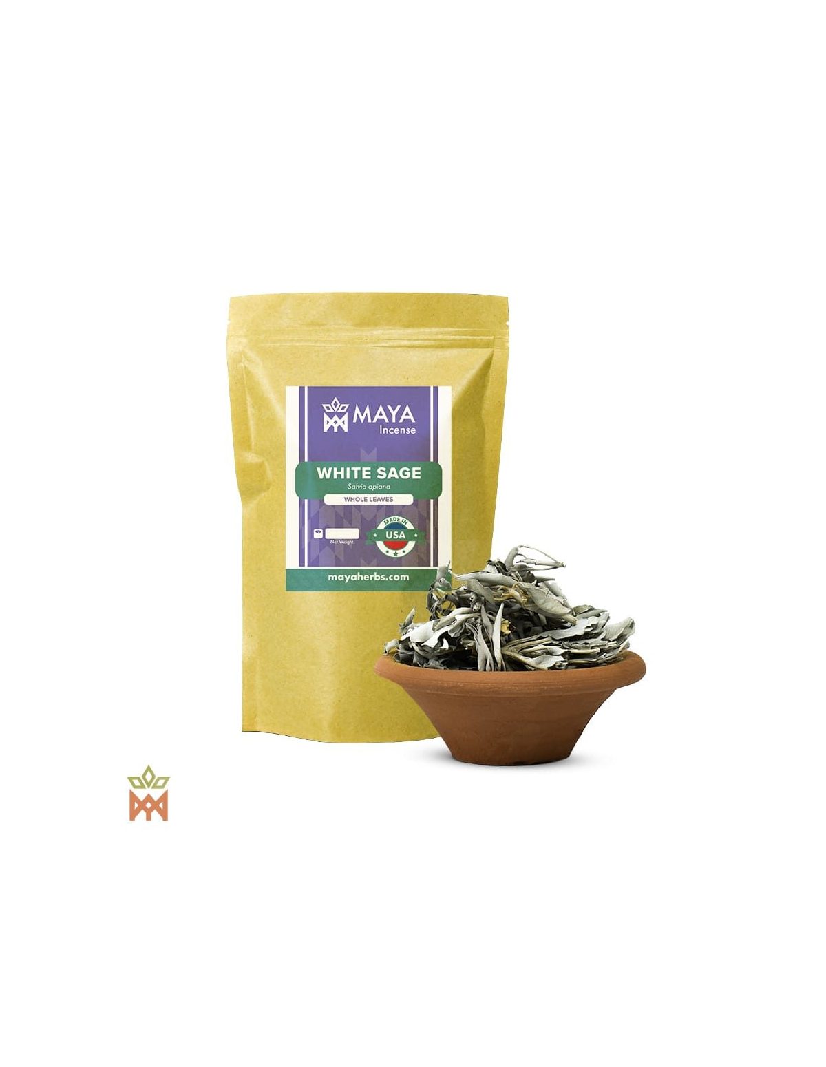 Sauge blanche d’Oregon (Salvia apiana) – sachet Maya Incense et feuilles entières dans un bol en terre cuite