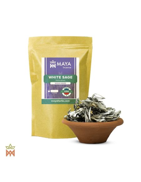 Sauge blanche d’Oregon (Salvia apiana) – sachet Maya Incense et feuilles entières dans un bol en terre cuite