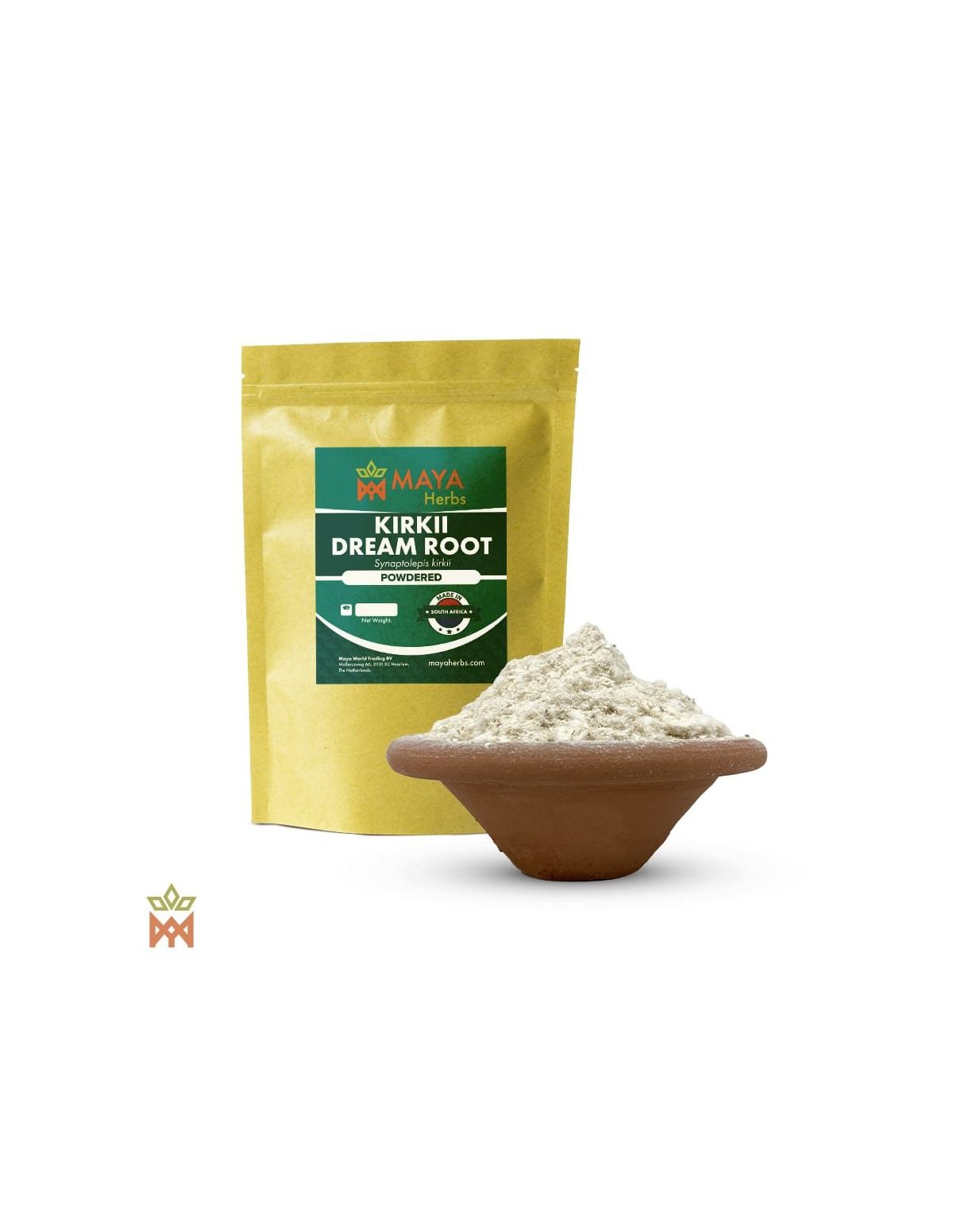 Uvuma-omhlope (Synaptolepis kirkii) – sachet Maya Herbs et racine en poudre dans un bol en terre cuite