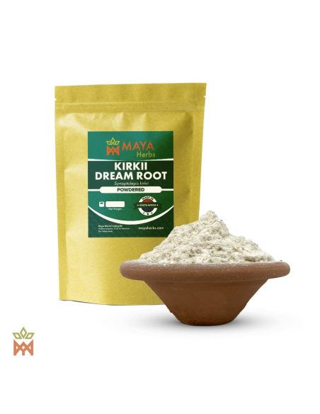 Uvuma-omhlope (Synaptolepis kirkii) – sachet Maya Herbs et racine en poudre dans un bol en terre cuite