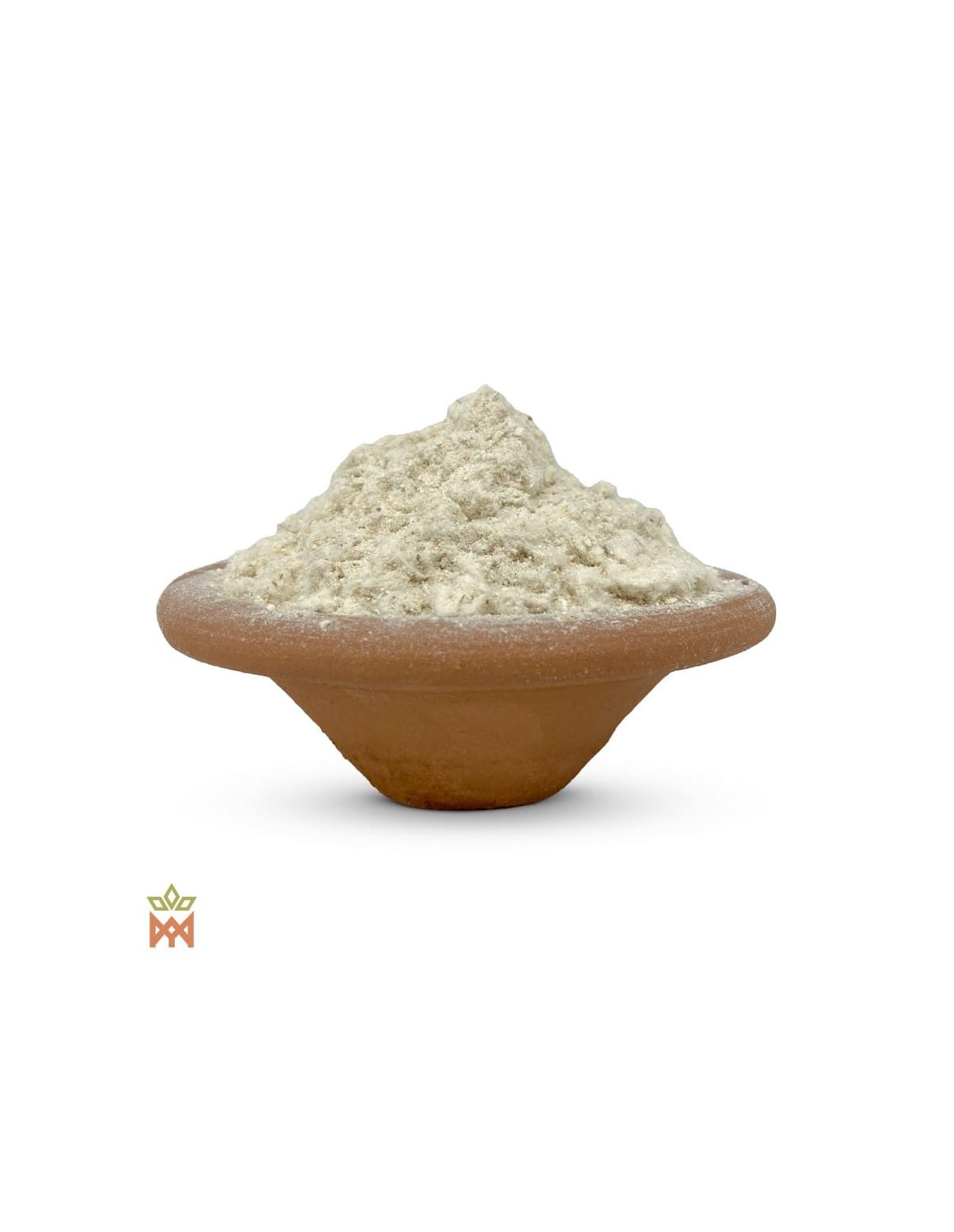 Uvuma-omhlope (Synaptolepis kirkii) – poudre de racine blanc cassé dans un bol en terre cuite