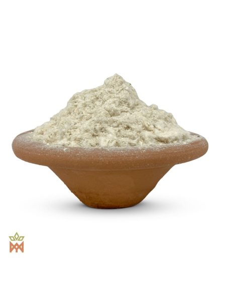 Uvuma-omhlope (Synaptolepis kirkii) – poudre de racine blanc cassé dans un bol en terre cuite