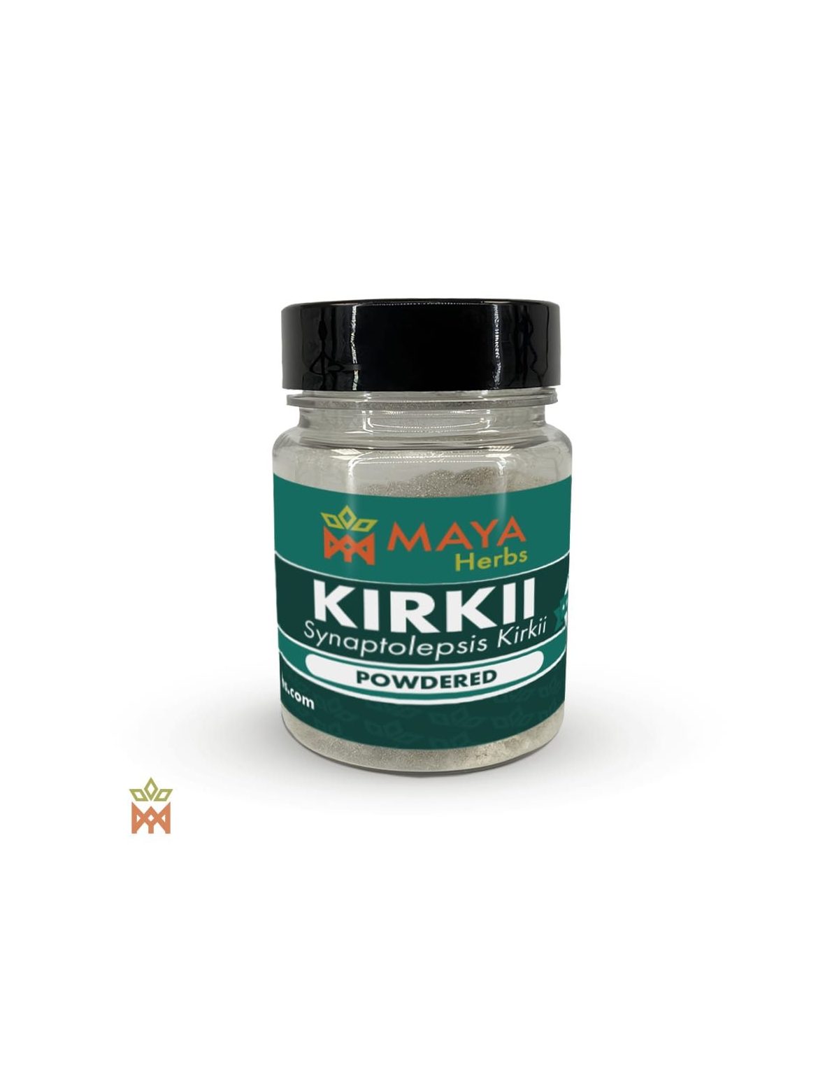 Uvuma-omhlope (Synaptolepis kirkii) – petit pot transparent à couvercle noir, étiquette Maya Herbs