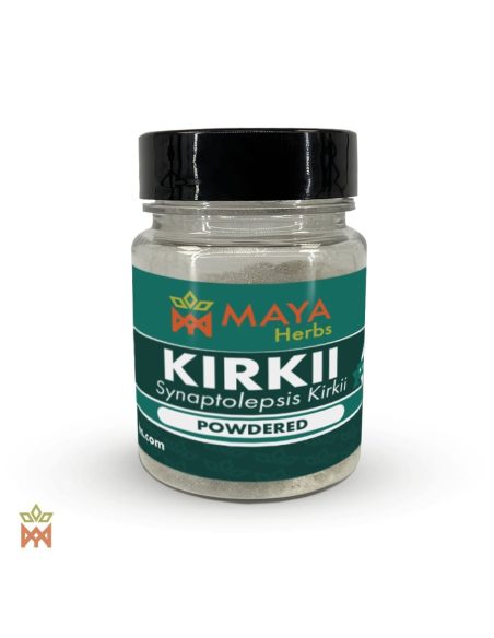 Uvuma-omhlope (Synaptolepis kirkii) – petit pot transparent à couvercle noir, étiquette Maya Herbs