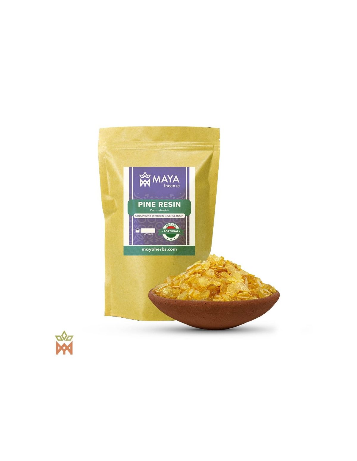Pin sylvestre du Portugal – sachet étiqueté Pine Resin, Made in Portugal, et bol en terre cuite de paillettes dorées