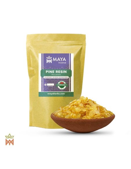 Pin sylvestre du Portugal – sachet étiqueté Pine Resin, Made in Portugal, et bol en terre cuite de paillettes dorées