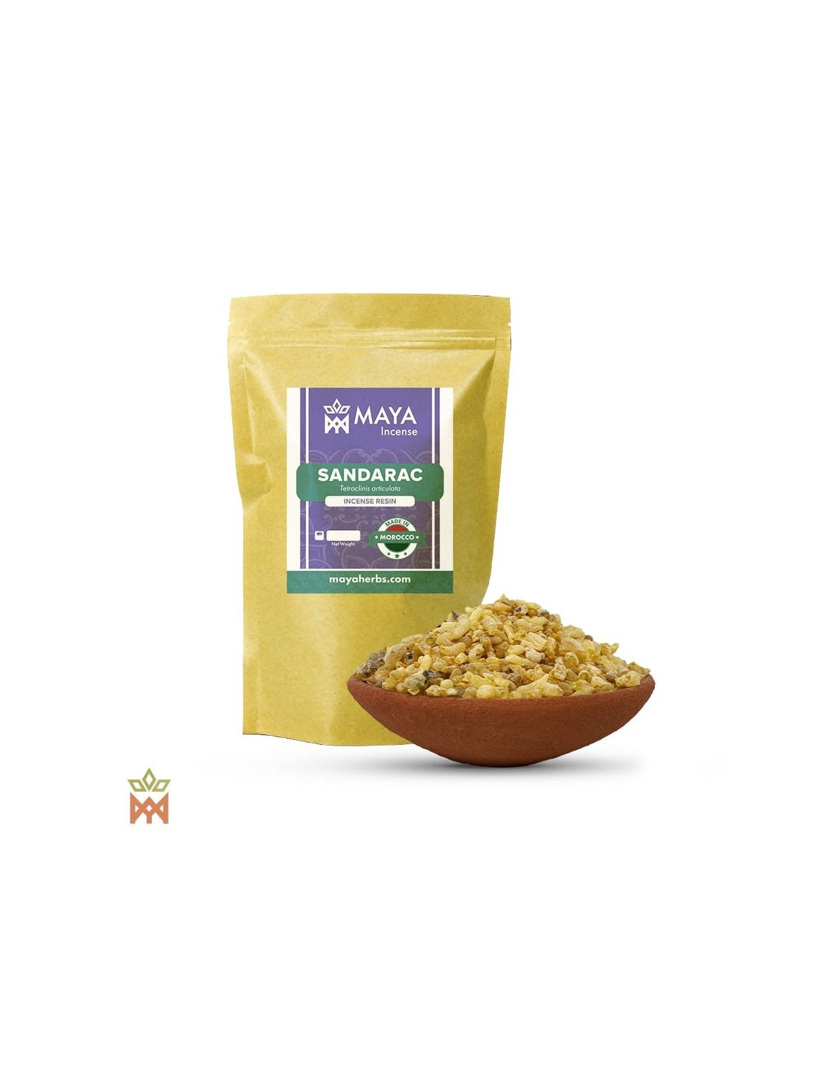 Sandaraque du Maroc – sachet étiqueté Sandarac, Made in Morocco, et bol en terre cuite de grains de résine