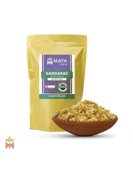 Sandaraque du Maroc – sachet étiqueté Sandarac, Made in Morocco, et bol en terre cuite de grains de résine