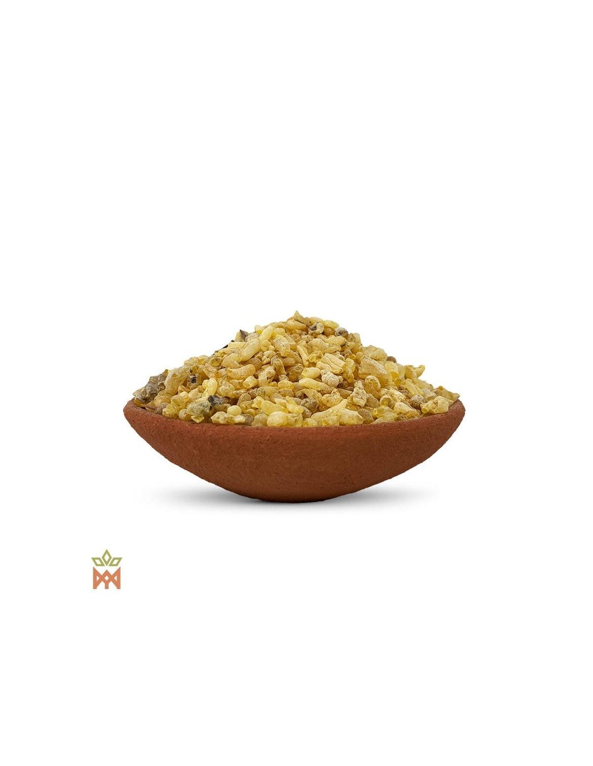 Sandaraque du Maroc – grains de sandaraque jaune paille à ambrés dans un bol en terre cuite, vue de côté