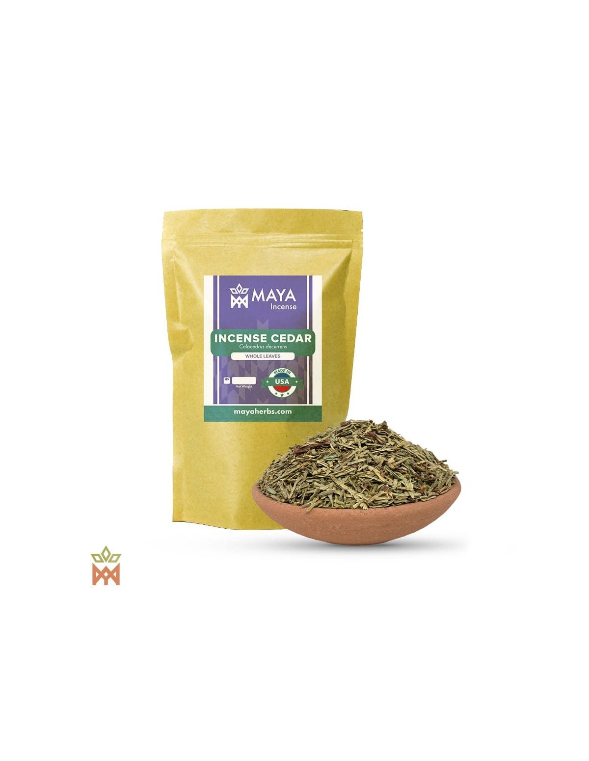 Calocèdre des États-Unis (Calocedrus decurrens) – sachet Maya Incense et feuillage entier dans un bol en terre cuite