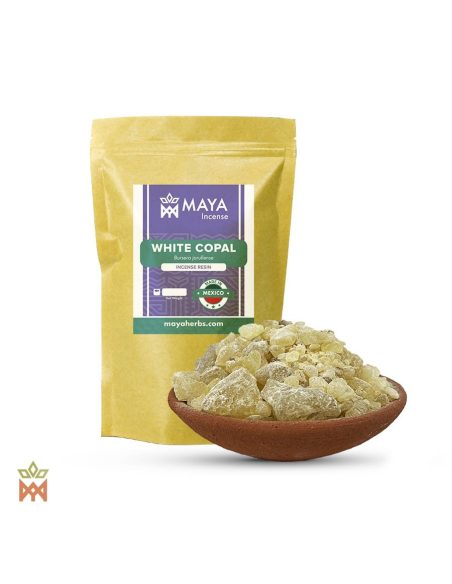 Copal blanc du Mexique – sachet étiqueté White Copal, Made in Mexico, et bol en terre cuite de morceaux de résine clairs