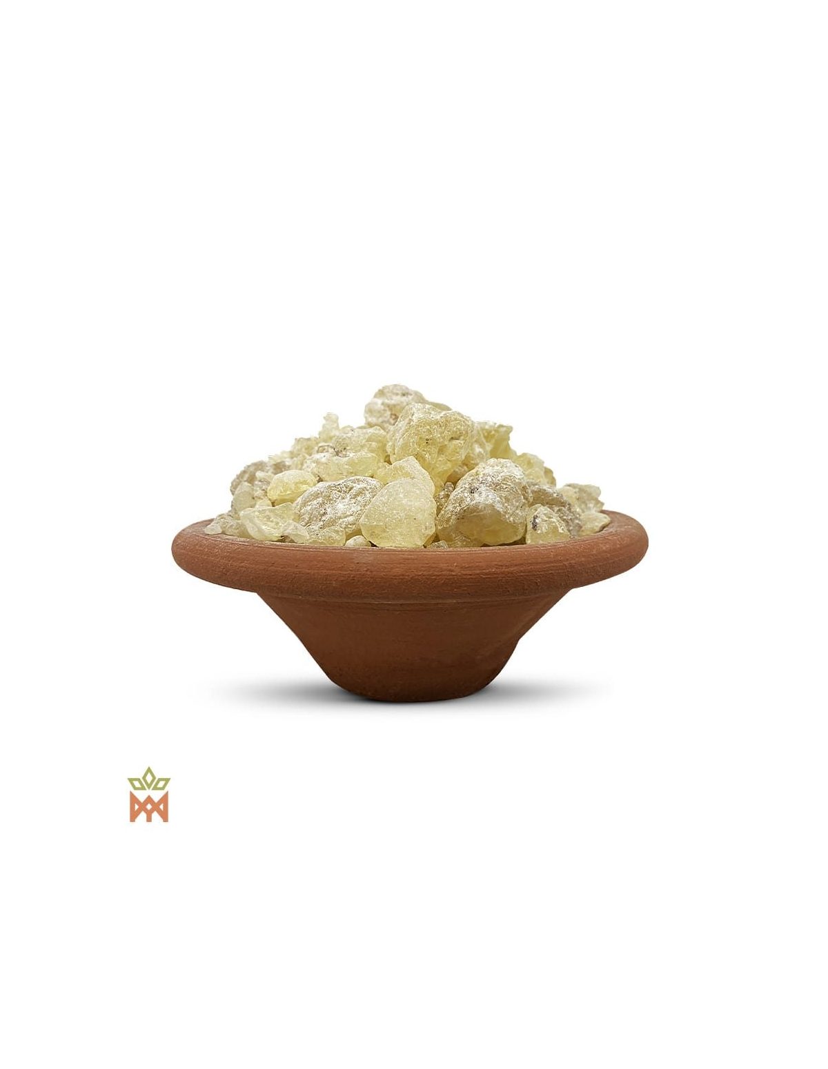 Copal blanc du Mexique – morceaux de copal blanc limpides et poudrés dans un bol en terre cuite, vue de côté