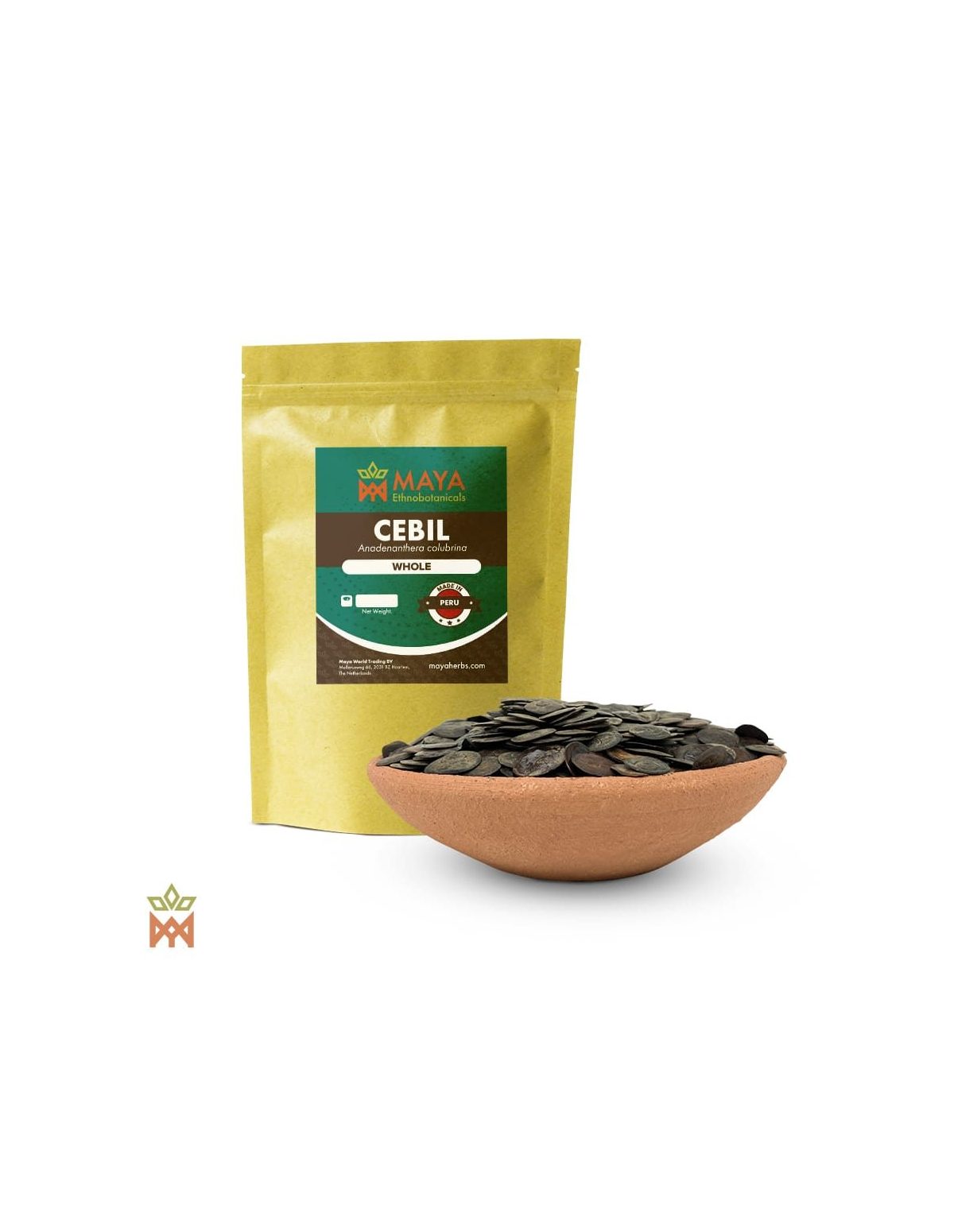 Cebil du Pérou – Graines entières, Anadenanthera colubrina – sachet étiqueté et bol de graines plates et sombres