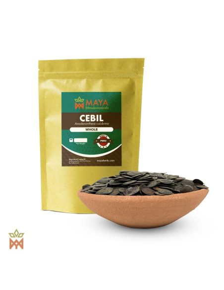 Cebil du Pérou – Graines entières, Anadenanthera colubrina – sachet étiqueté et bol de graines plates et sombres