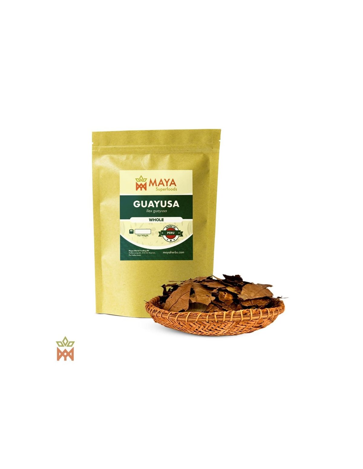 Guayusa du Pérou (Ilex guayusa) – sachet Maya Herbs « Whole » et feuilles brunes sur un plateau tressé