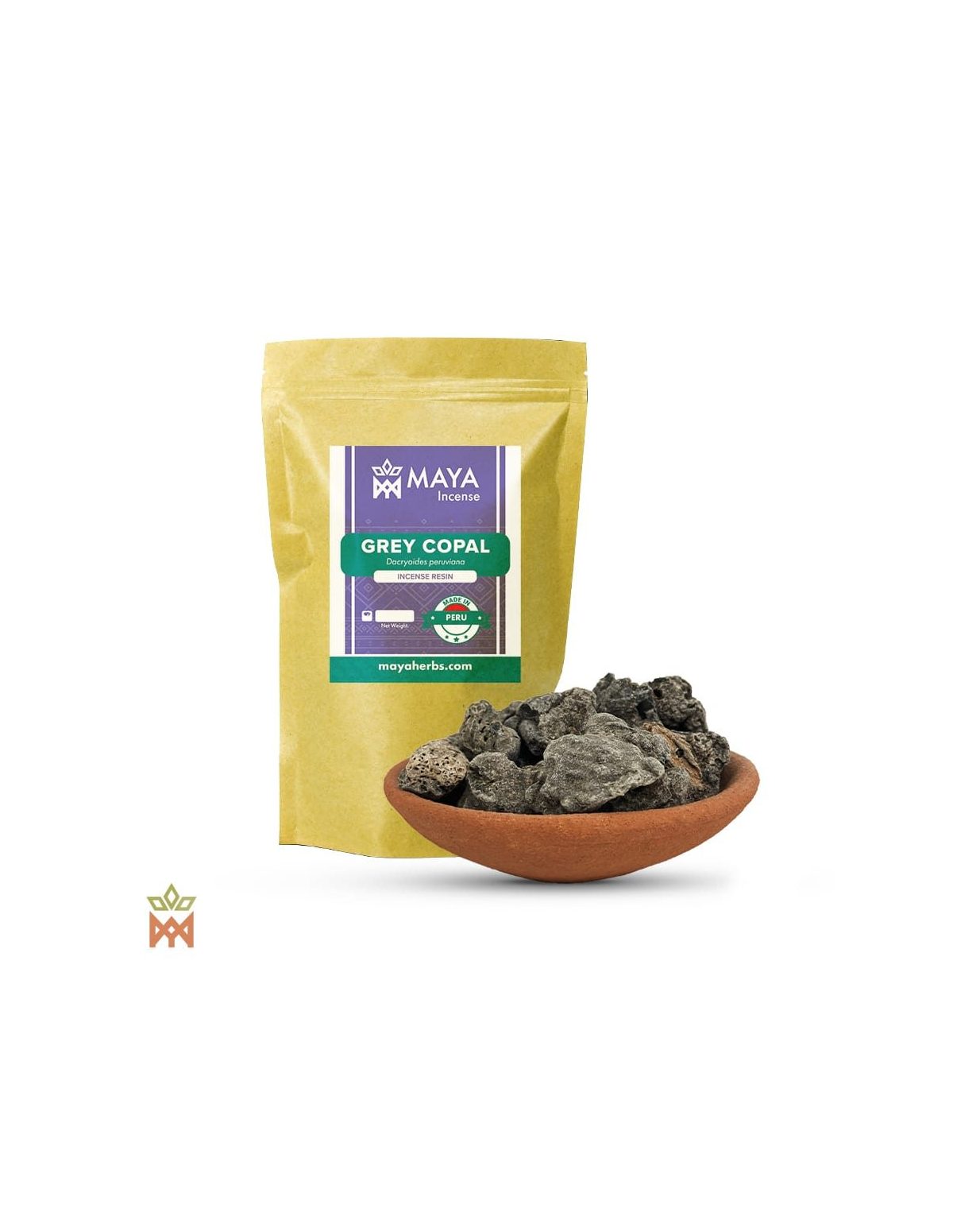 Copal gris du Pérou – sachet étiqueté Grey Copal, Made in Peru, et bol en terre cuite de morceaux de résine sombres